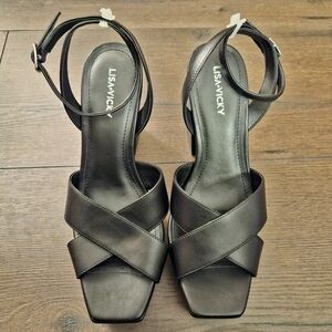 Lisa Vicky Jazz-V Black Leather Platform Strappy Heels Sandals Size 9  New